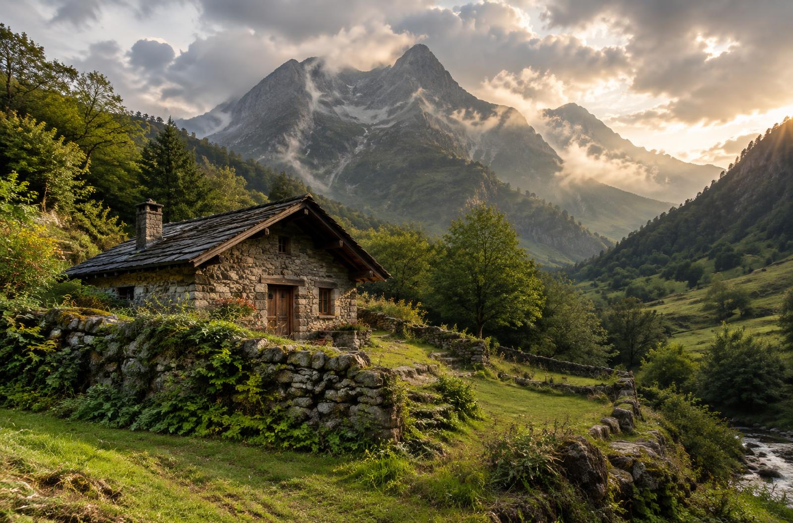 Montañas verdes y cabañas de piedra en los Picos de Europa
