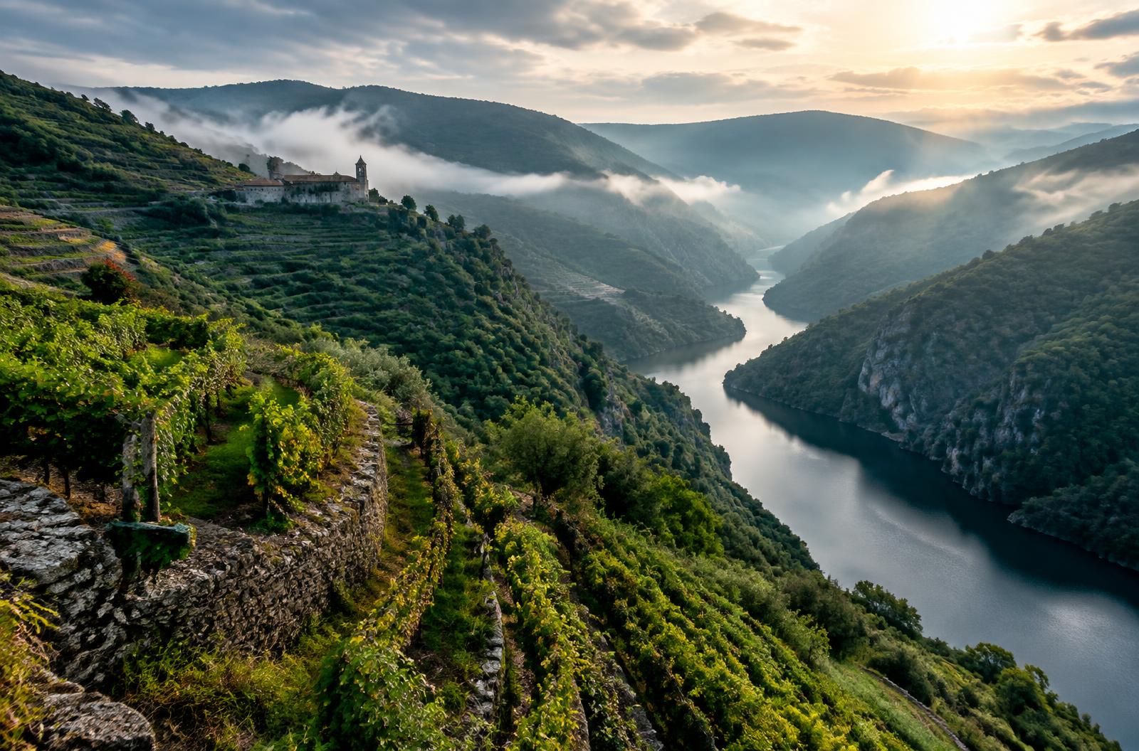 Viñedos en terrazas sobre el río Sil en Ribeira Sacra